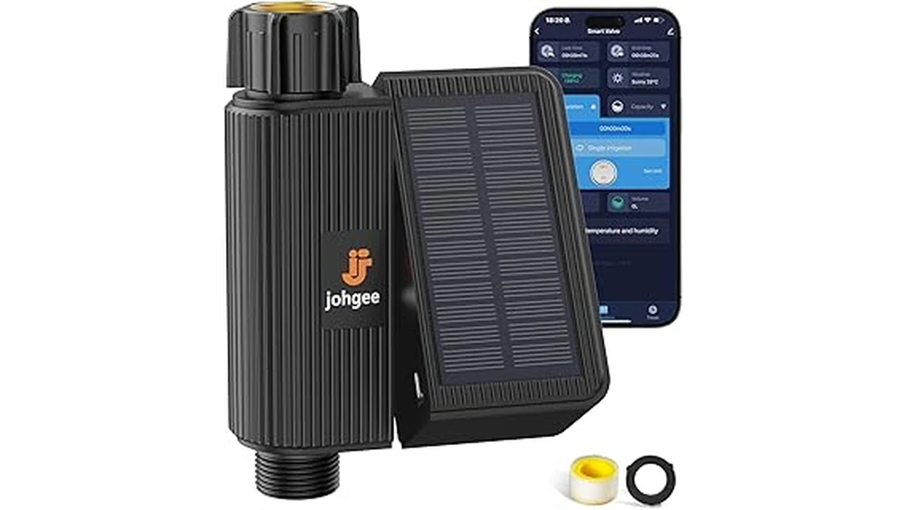 The image shows smart sprinkler controllers for efficient, solar-powered lawn watering systems.