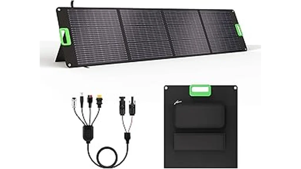 The image shows a solar panel kit installed on a shed, powering a small office space.