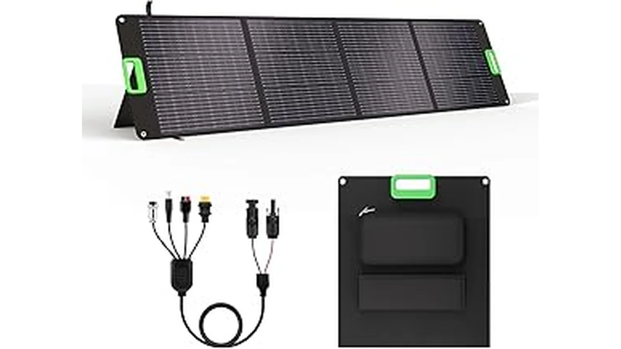 The image shows a solar panel kit installed on a shed, powering a small office space.