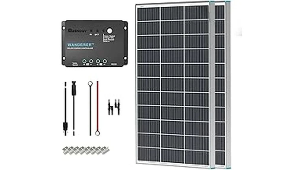 This image shows a best selling off-grid solar kit for a 12v fridge, including panels and battery.