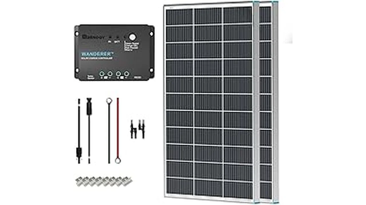 This image shows a best selling off-grid solar kit for a 12v fridge, including panels and battery.