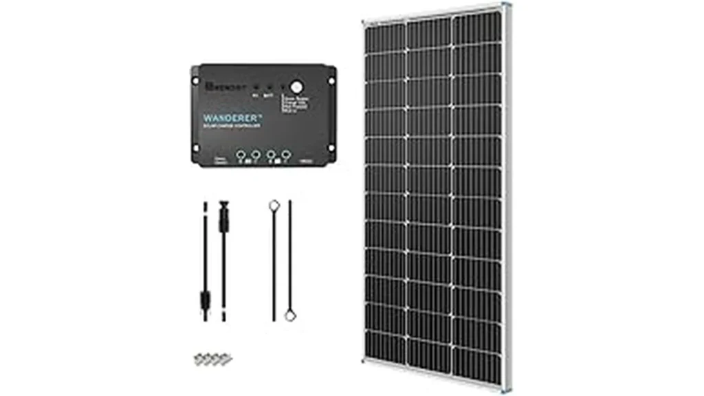 The image shows a close-up of a popular off-grid solar kit installed on an RV roof.