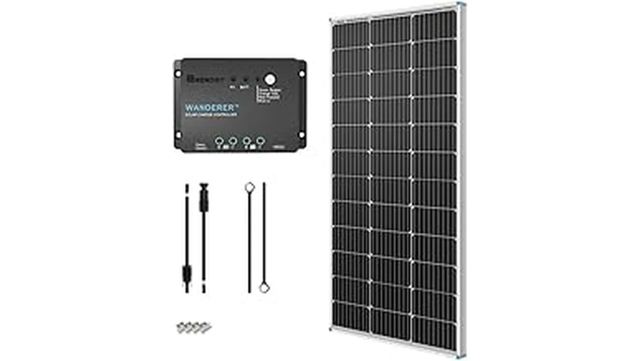 The image shows a close-up of a popular off-grid solar kit installed on an RV roof.
