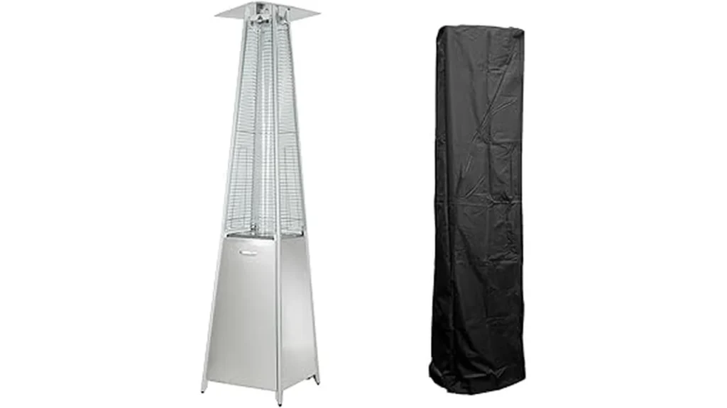The image shows several sleek quartz tube patio heaters glowing warmly in an outdoor setting.