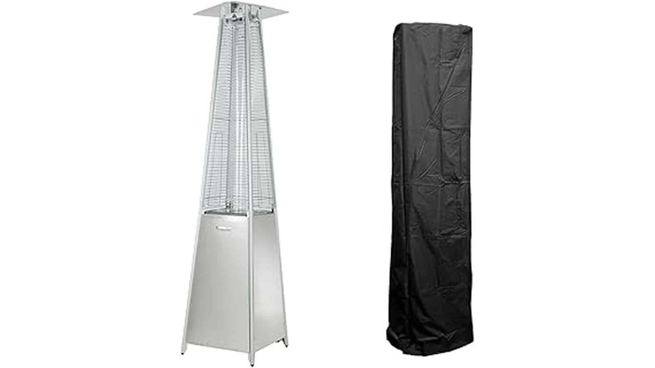 The image shows several sleek quartz tube patio heaters glowing warmly in an outdoor setting.