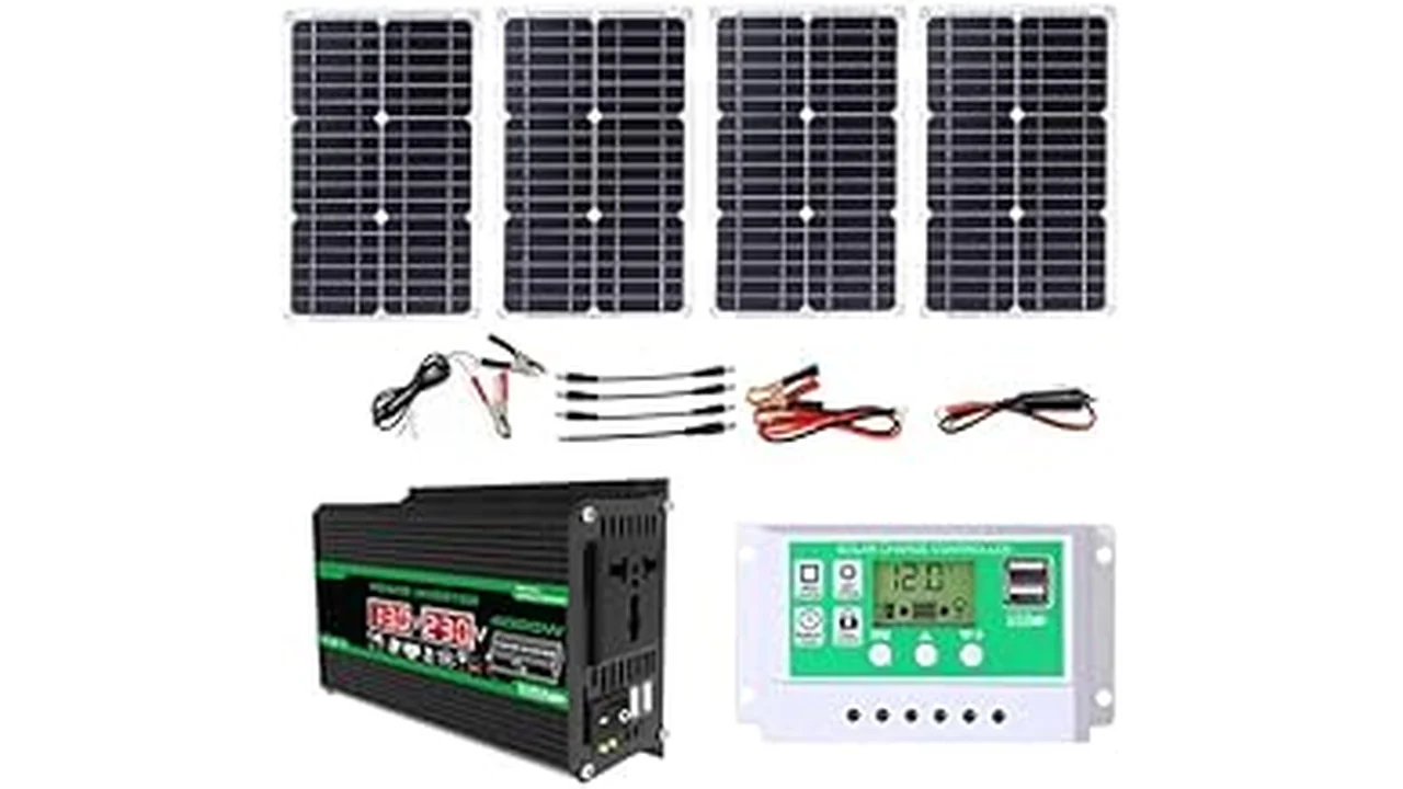 The image shows a compact off-grid solar kit, perfect for powering a weekend cabin starter set.