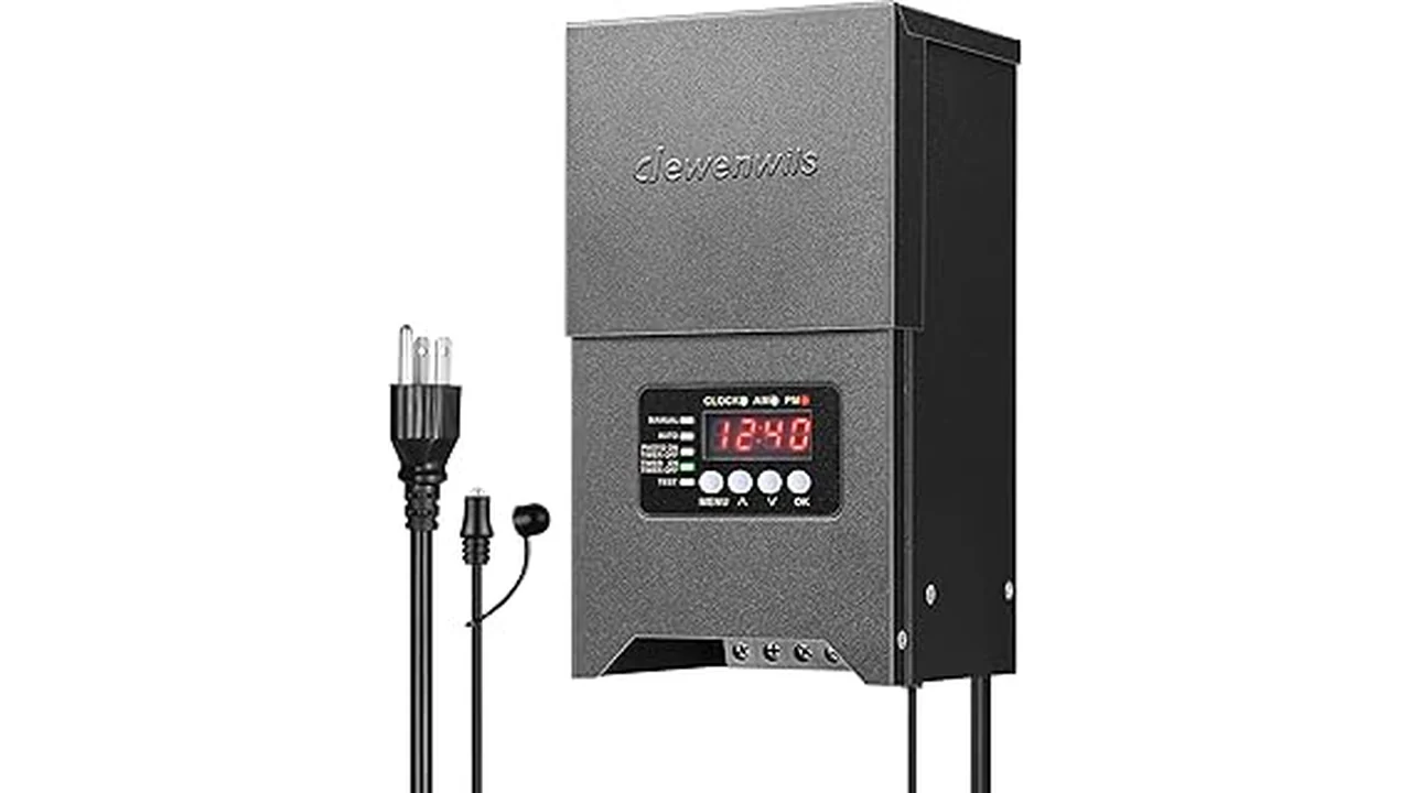 The image shows a robust landscape lighting transformer suitable for illuminating large backyards.