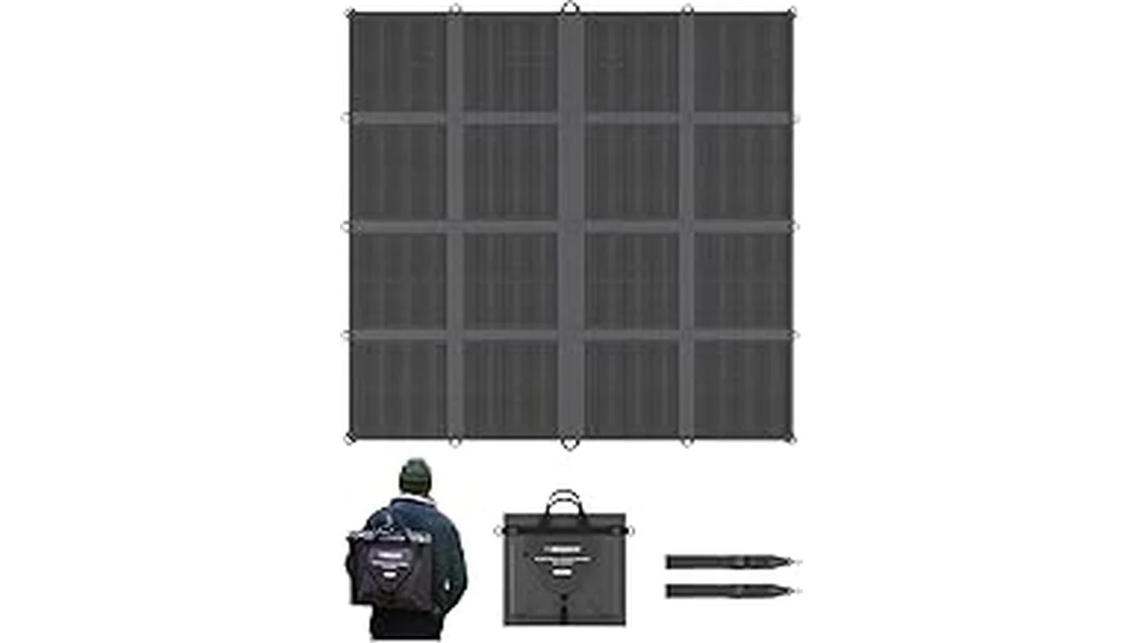 The image shows a compact solar panel system, ideal for off-grid power expansion from 400w to 120.