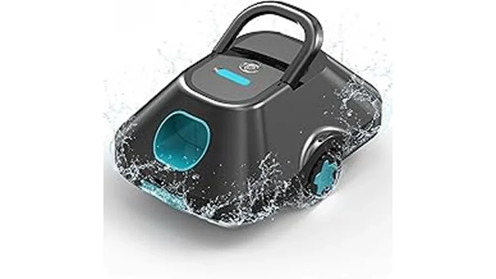 This image shows a sleek robot pool cleaner effortlessly navigating a sparkling fiberglass pool.